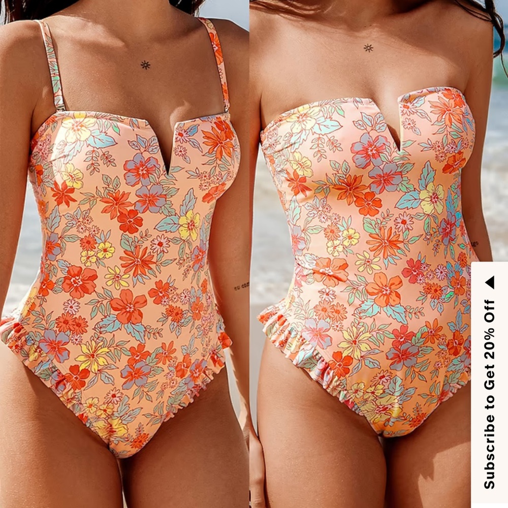 Cupshe Peach Floral One-Piece Swimsuit with Orange & Yellow Accents
